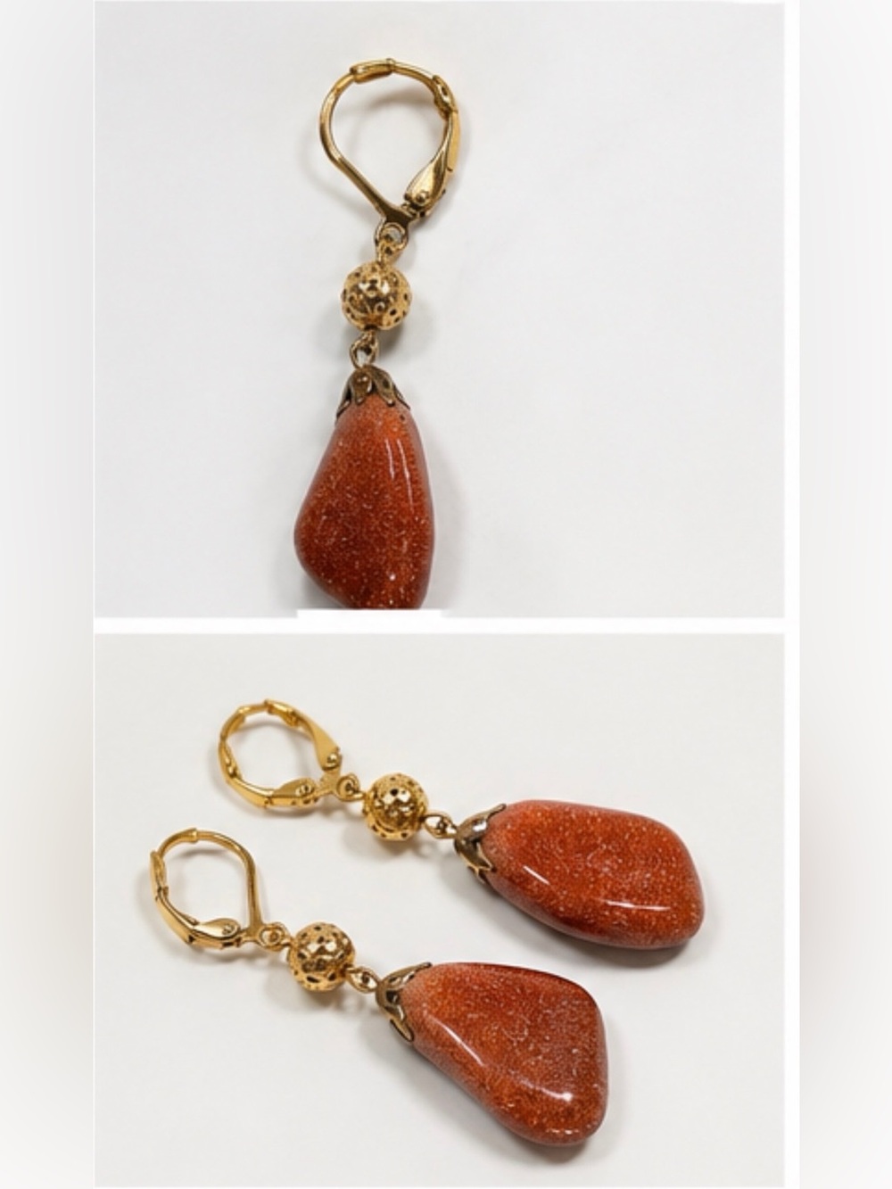Gold and Rust Brown Teardrop Dangle Earrings vintage